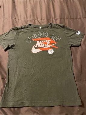 Nike boys Olive Green Tee with Orange and White Graphic